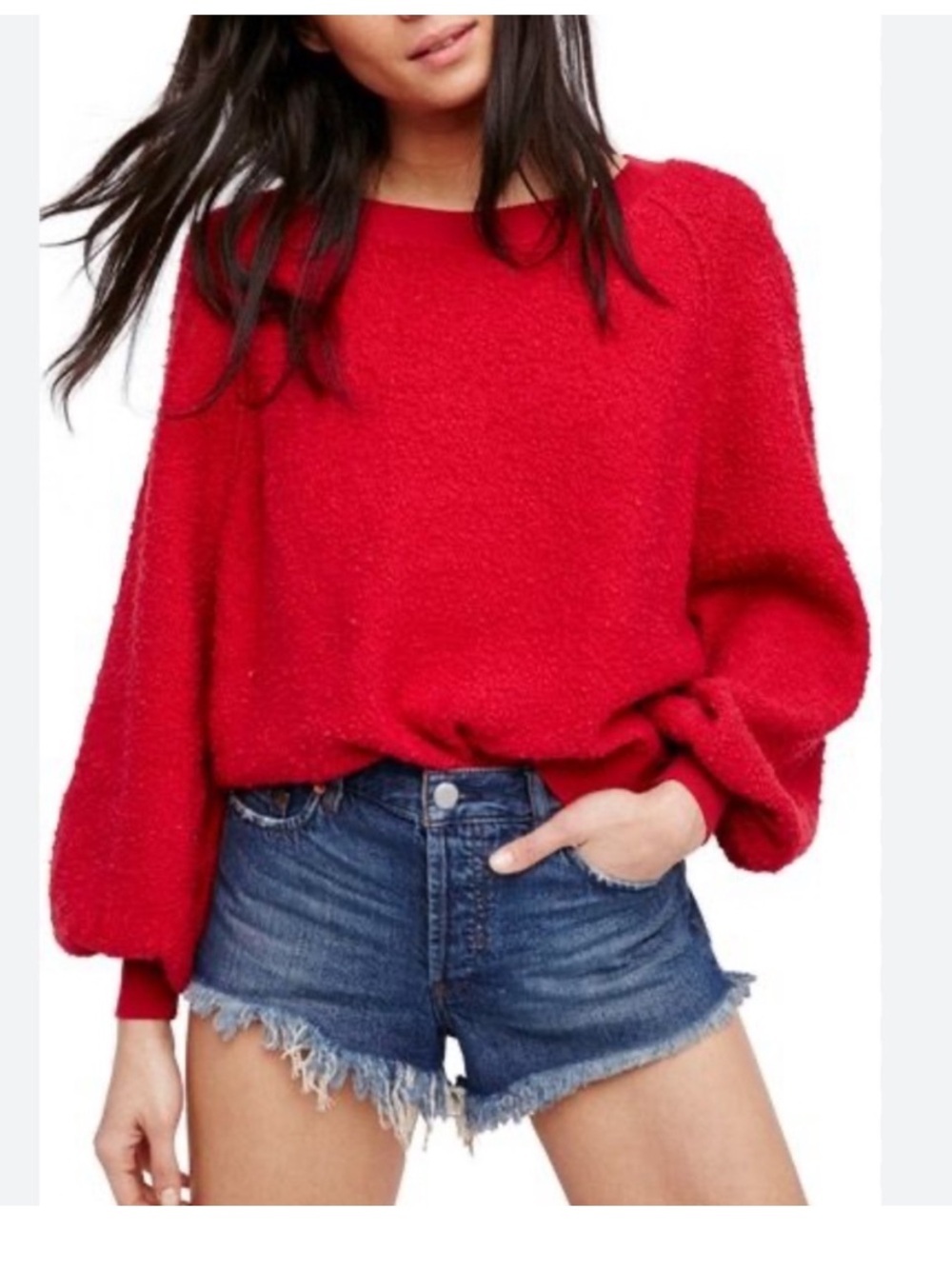 Free People Bright Red Bouclé Crewneck Sweater